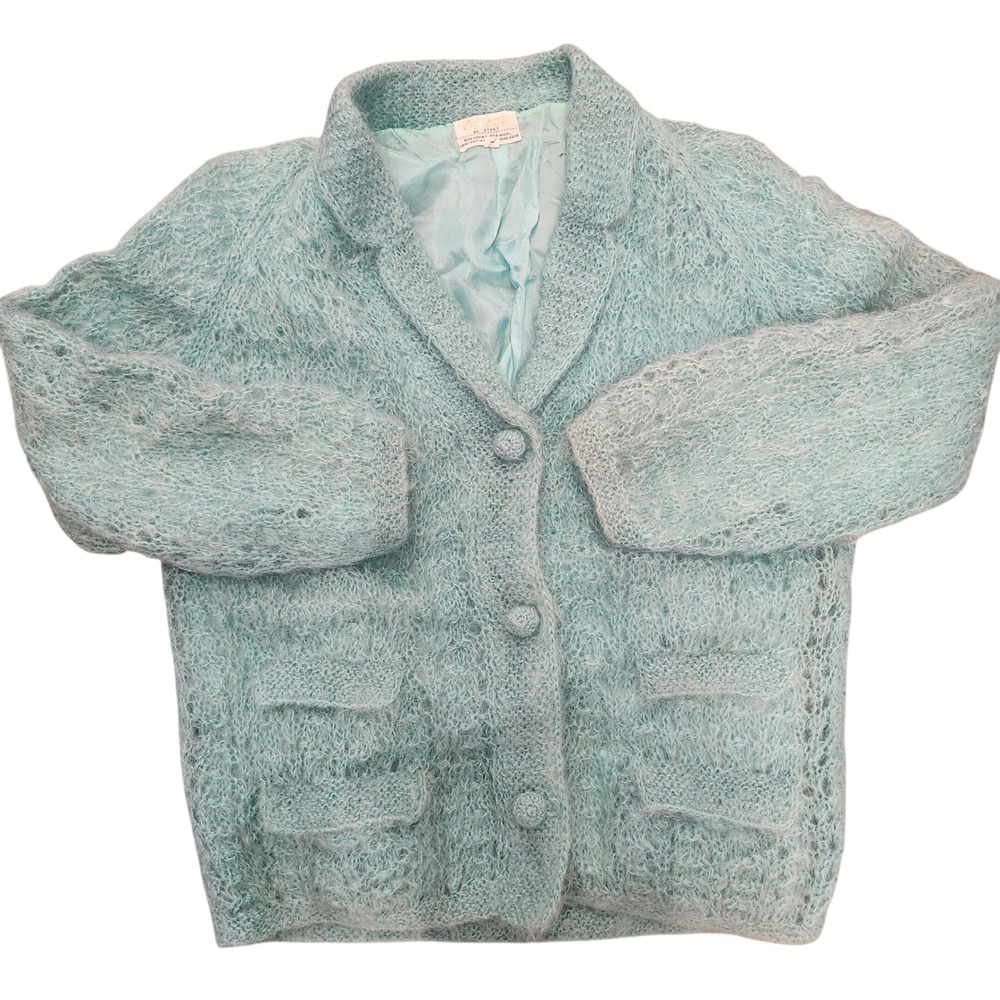50s‎ Silk/Mohair Cardi Sweater Jacket Blue Fuzzy Open many flaws